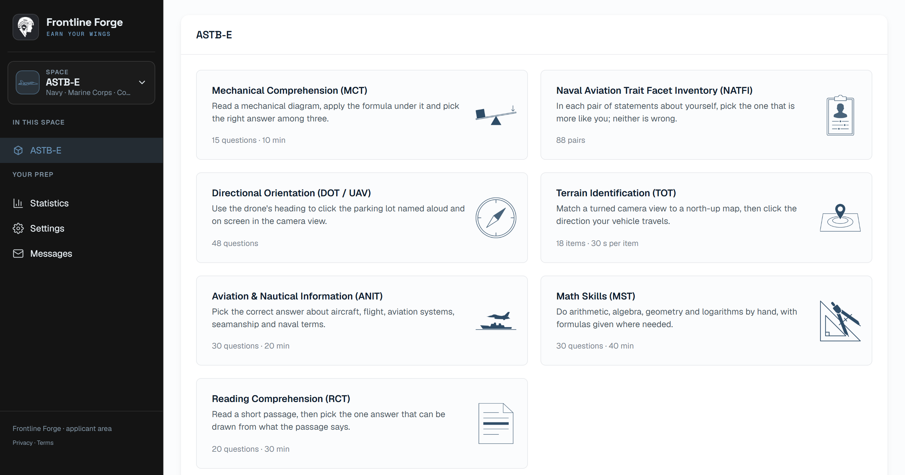 Frontline Forge dashboard for ASTB-E: the sidebar of a signed-in account with the ASTB-E space, Statistics, Settings and Messages, next to the cards of the ASTB-E subtests and performance-based measures with their format.