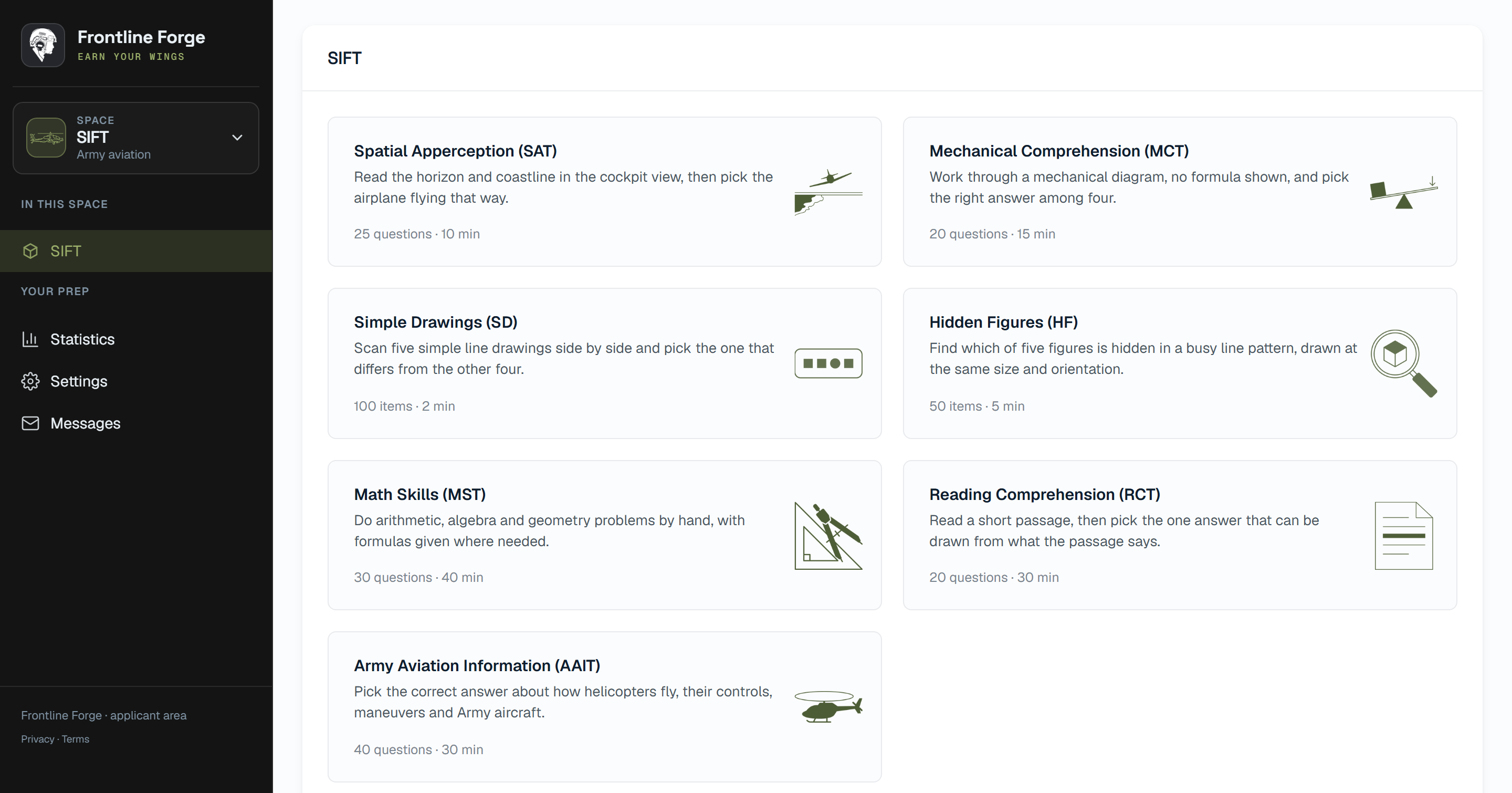 Frontline Forge dashboard for the SIFT: the sidebar of a signed-in account with the SIFT space, Statistics, Settings and Messages, next to the cards of the seven SIFT subtests and their format.
