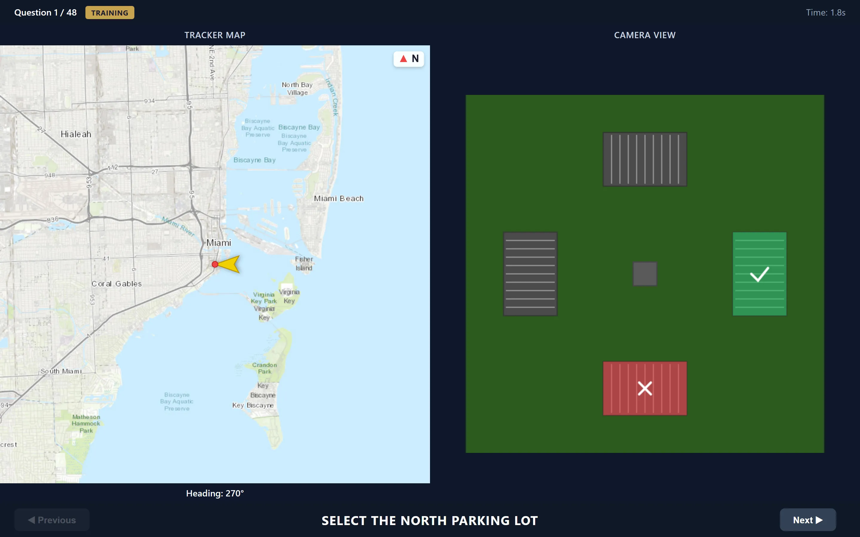Directional Orientation in training mode after a miss: the picked parking lot crossed out in red, the correct one highlighted in green beside the map and heading readout.