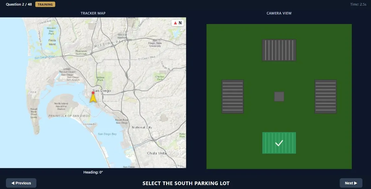 Directional Orientation practice screen with map on the left and parking lot camera view on the right
