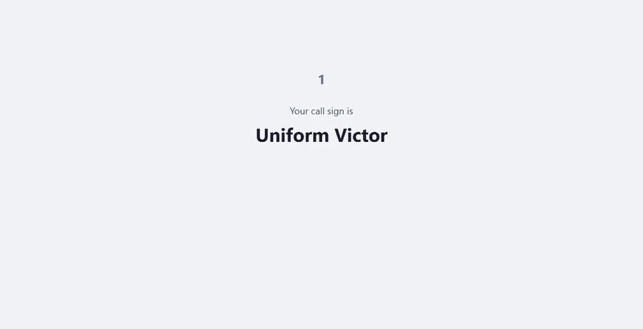 Call sign reveal screen showing 'Your call sign is Uniform Victor' with a 5-second countdown timer