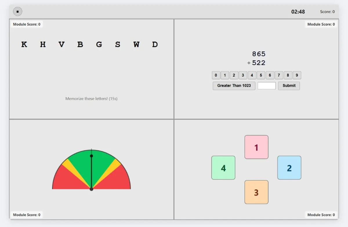 TBAS Multi-Tasking test showing all four quadrants: letter memory (top left), math calculations (top right), gauge needle (bottom left), and radio call sign (bottom right)