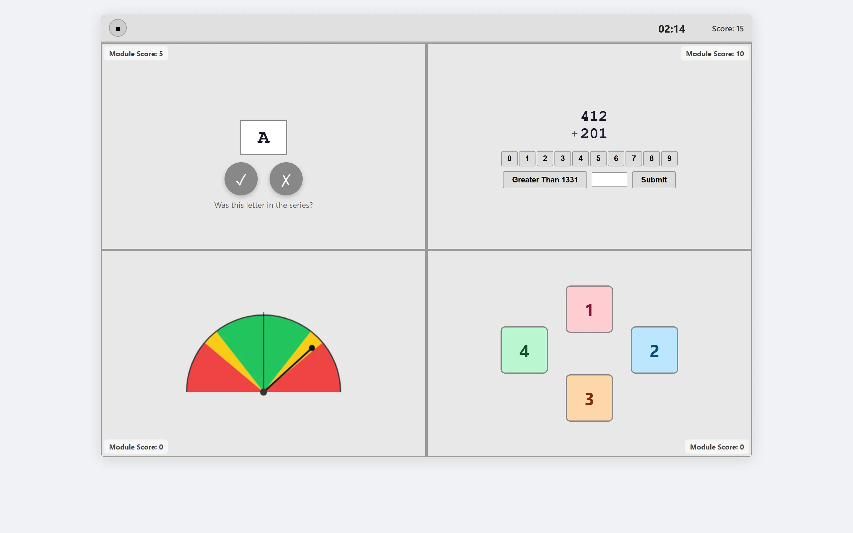 The Multitasking event mid-session: four quadrants running at once — letter memory, calculations, gauge monitoring and radio call sign — above a shared timer.
