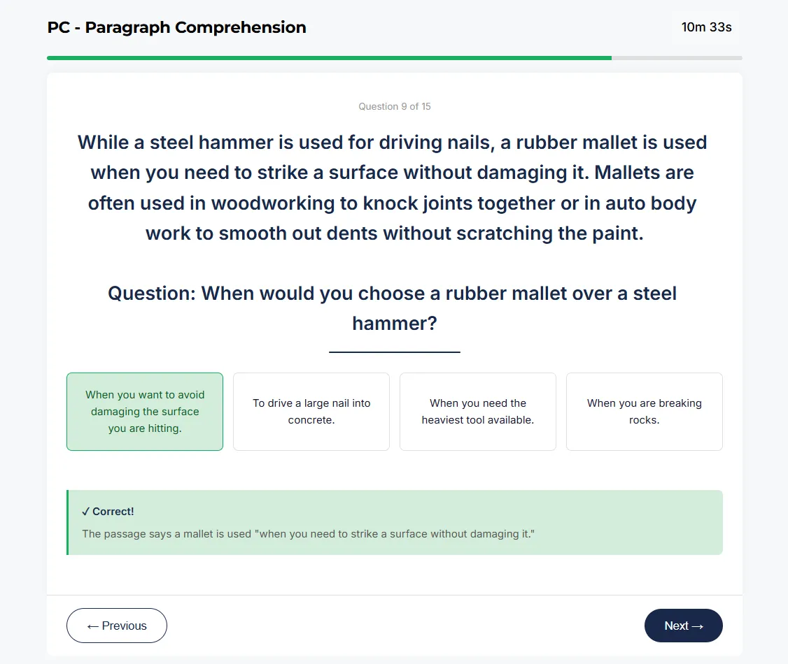 ASVAB Paragraph Comprehension sample question about baking sequence