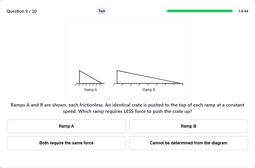 SIFT Mechanical Comprehension practice question: two ramps of different slopes and four answer choices