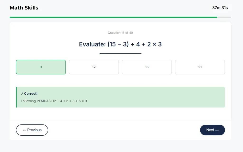 SIFT Math Skills sample question about order of operations