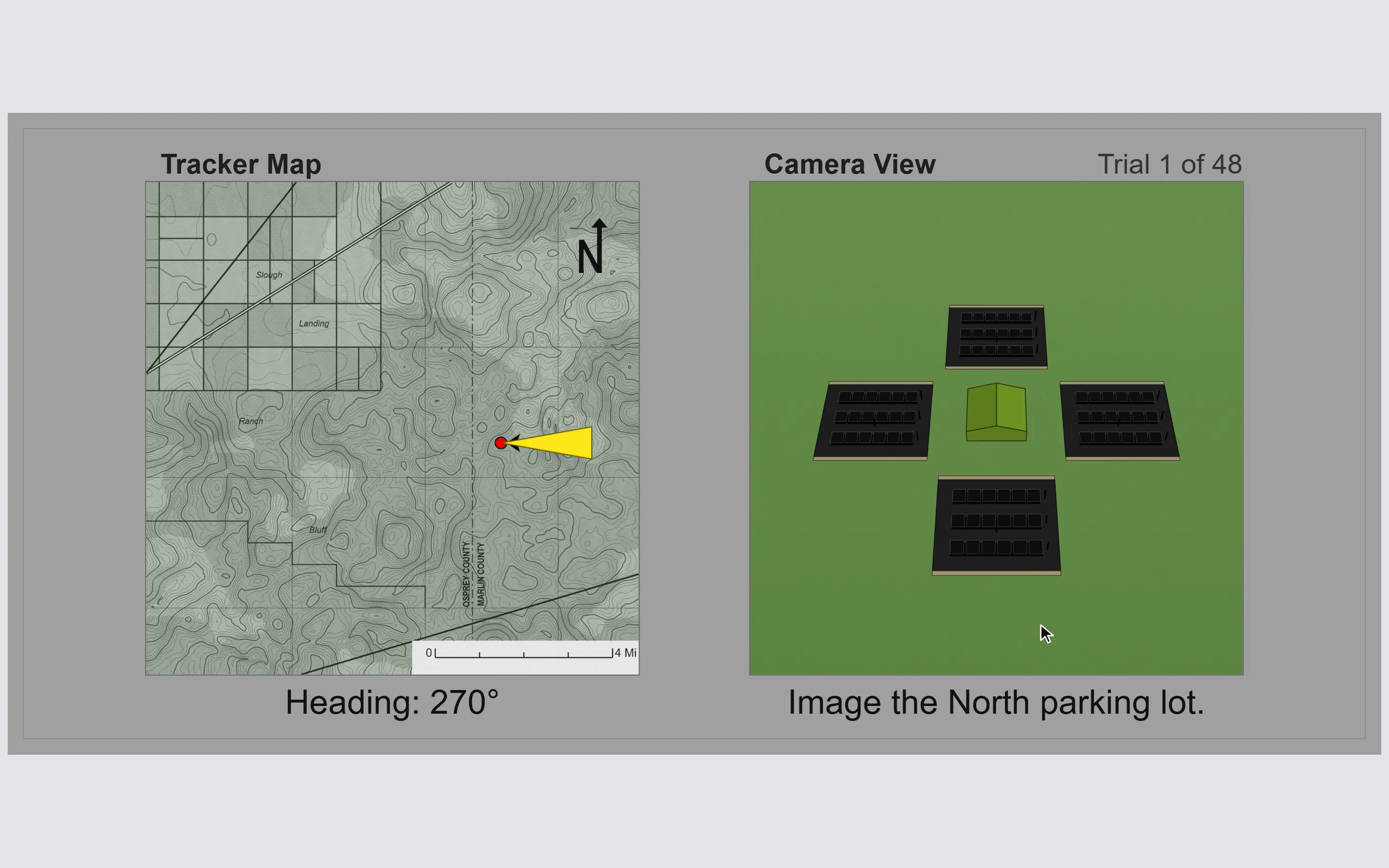 Directional Orientation (ASTB-E) in play: a tracker map with the aircraft heading on the left, and a camera view of a building between four parking lots on the right.