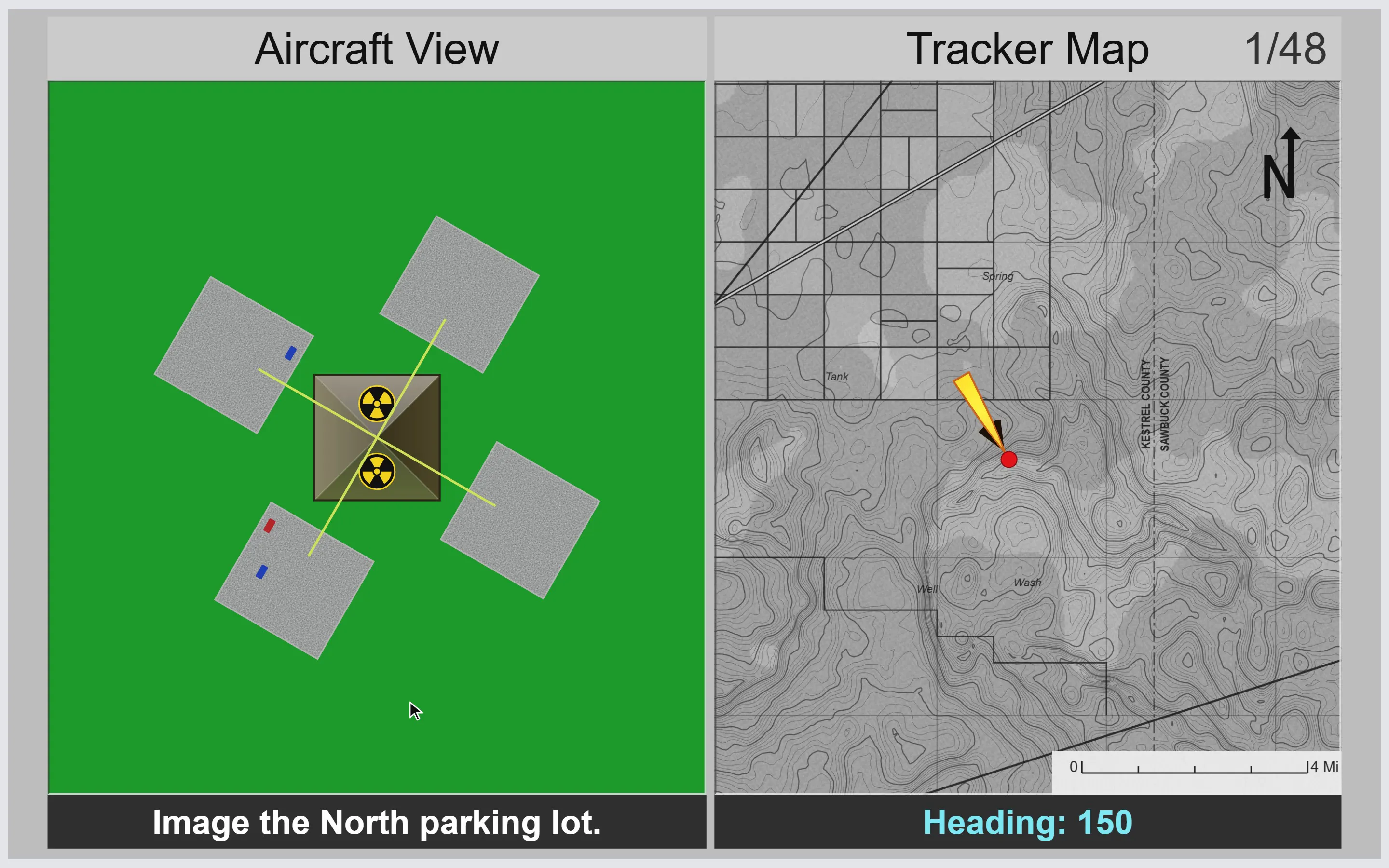 Directional Orientation (TBAS) in play: the aircraft view of a compound and its four parking lots, next to the tracker map with the heading.