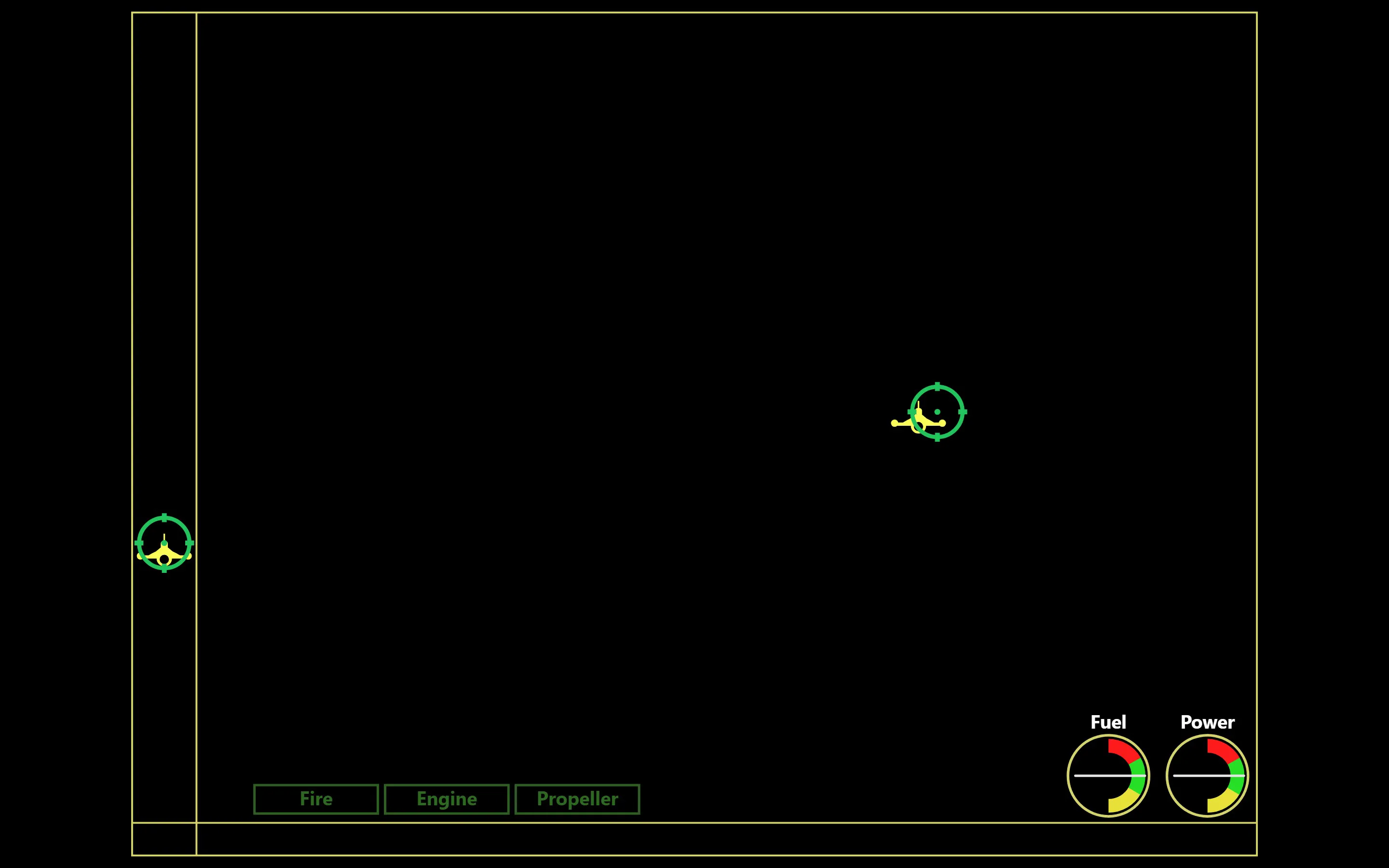 Stick and Throttle in play: a green crosshair rides the throttle lane on the left while a red crosshair chases an aircraft across the black field.
