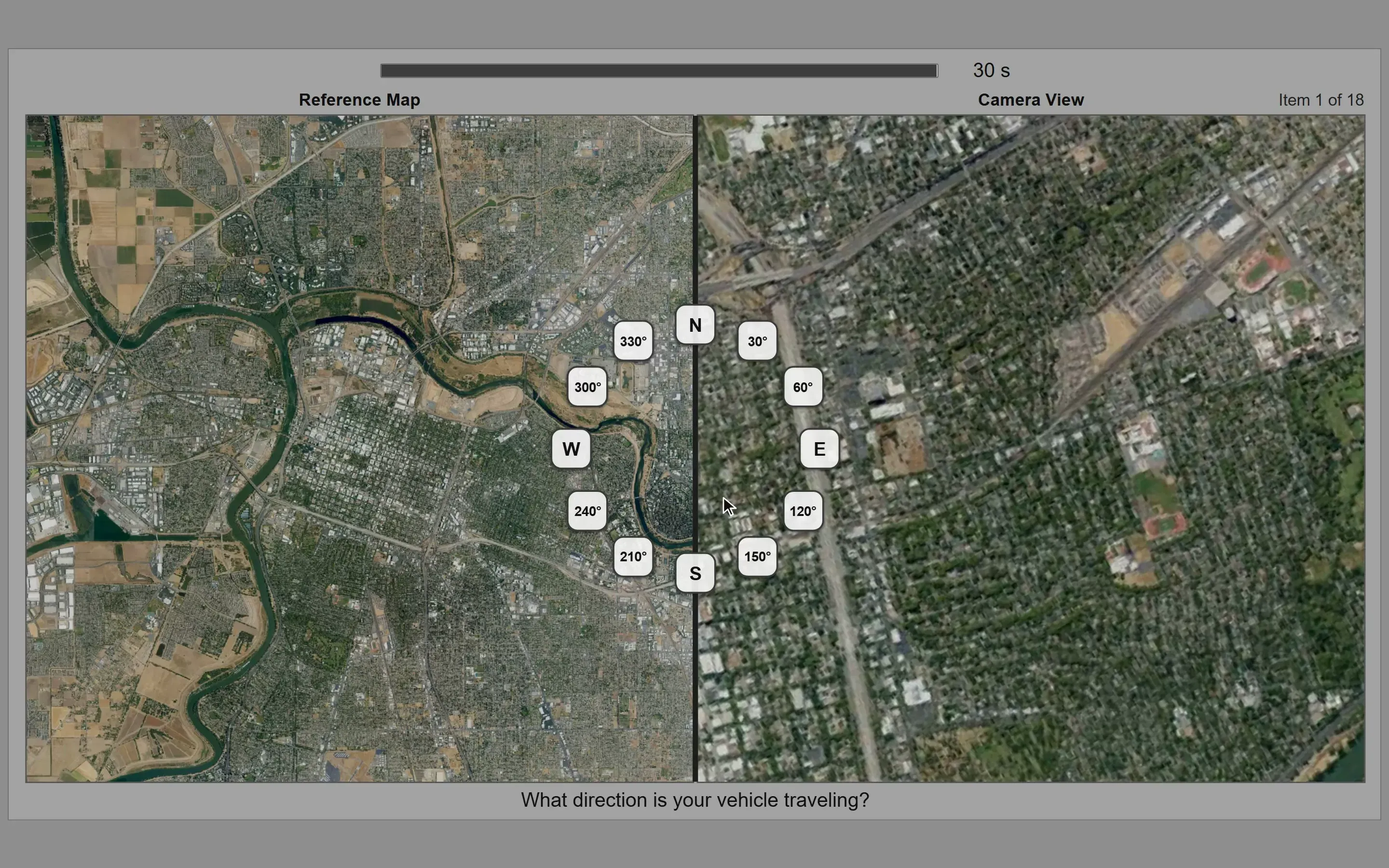 Terrain Identification in play: an aerial reference map next to the camera view, with compass headings to pick the direction of travel.