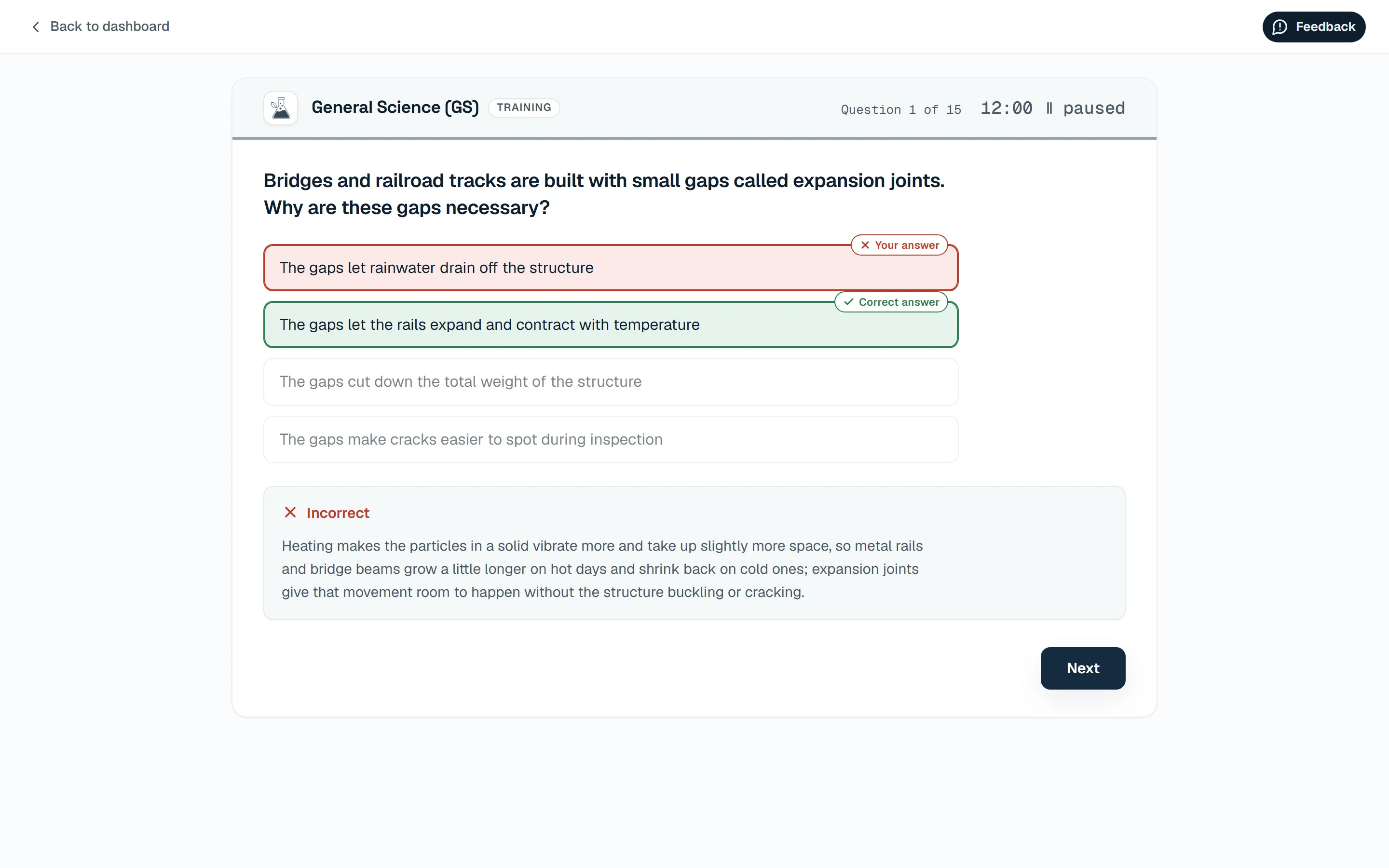 Training feedback screen