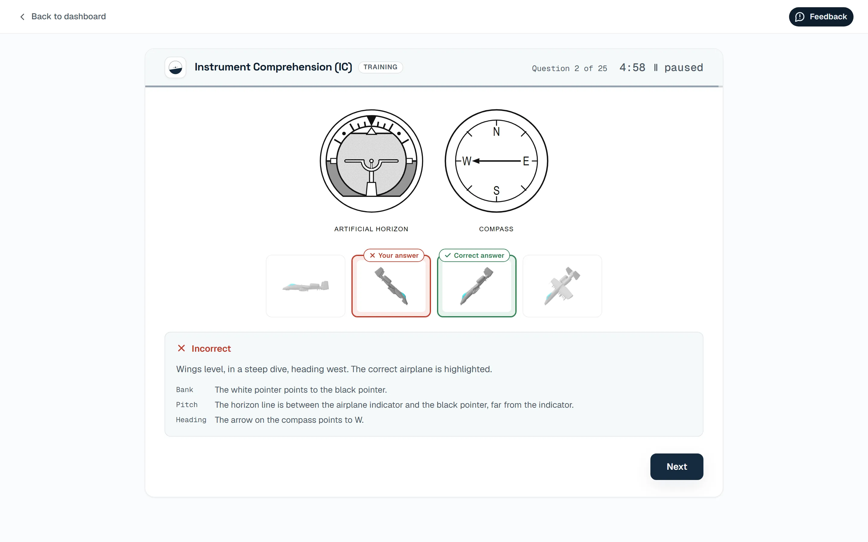 Training feedback screen