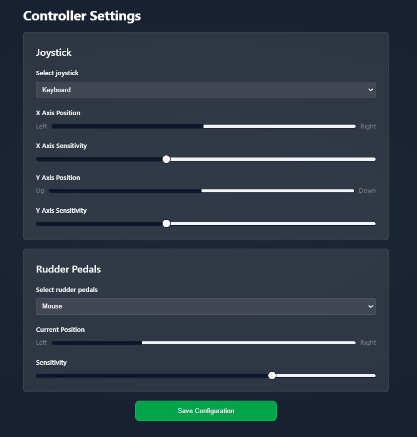 Airplane Tracking controller settings showing joystick and rudder sensitivity configuration