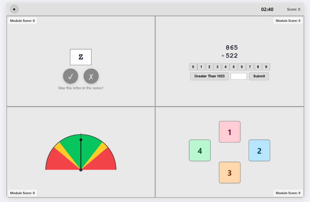 Multi-Tasking test during gameplay: letter testing phase active while math, gauge, and radio tasks run in parallel