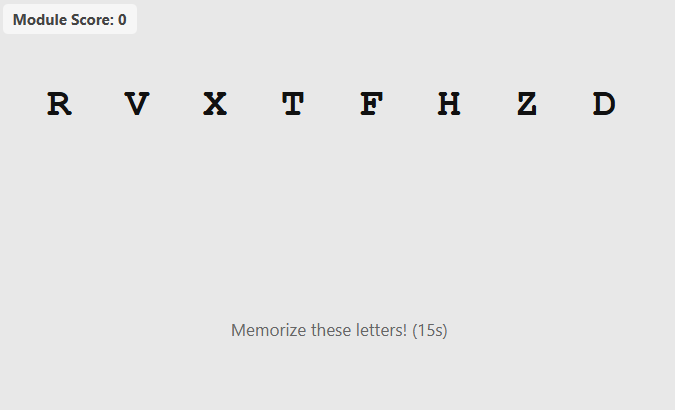 Letter Memory: memorization phase showing a series of random letters to memorize