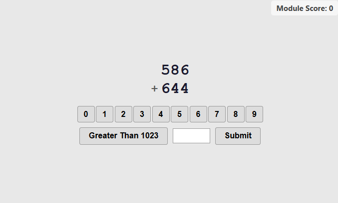 Math Calculations sub-task: problem showing 586 + 644 with number pad, Greater Than button, and Submit button