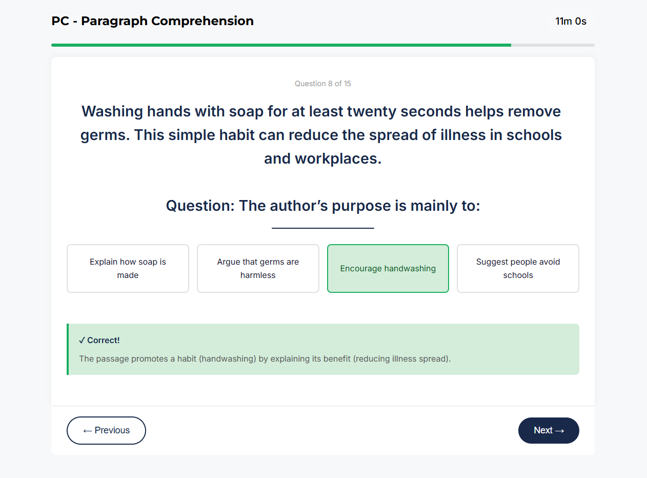 ASVAB Paragraph Comprehension sample question about workspace organization