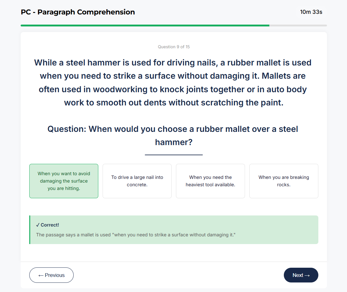 ASVAB Paragraph Comprehension sample question about baking sequence