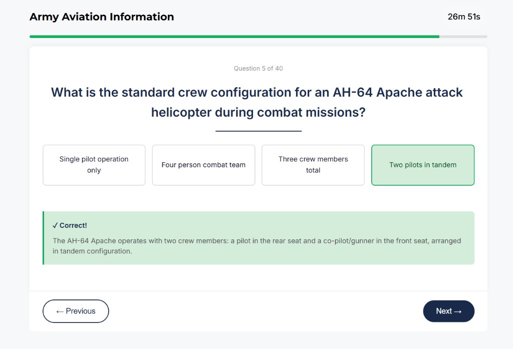 SIFT Army Aviation Information sample question about AH-64 Apache crew configuration
