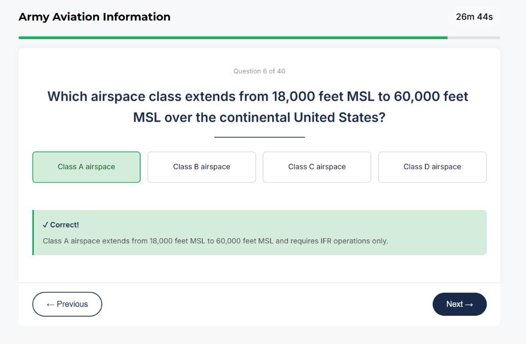 SIFT Army Aviation Information sample question about airspace classes