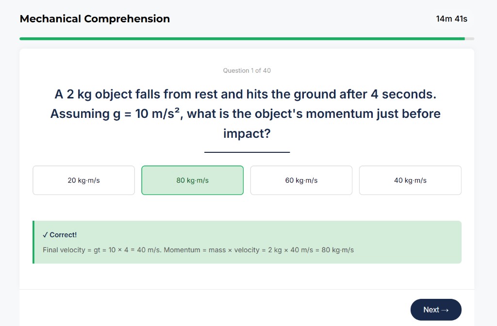SIFT Mechanical Comprehension sample question about momentum calculation