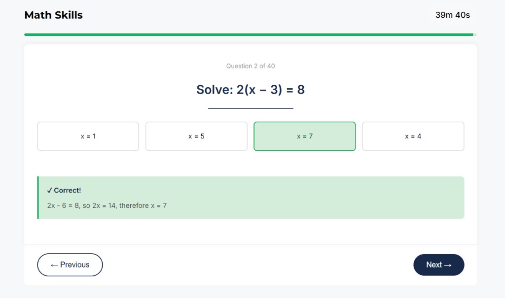 SIFT Math Skills sample question about solving linear equations