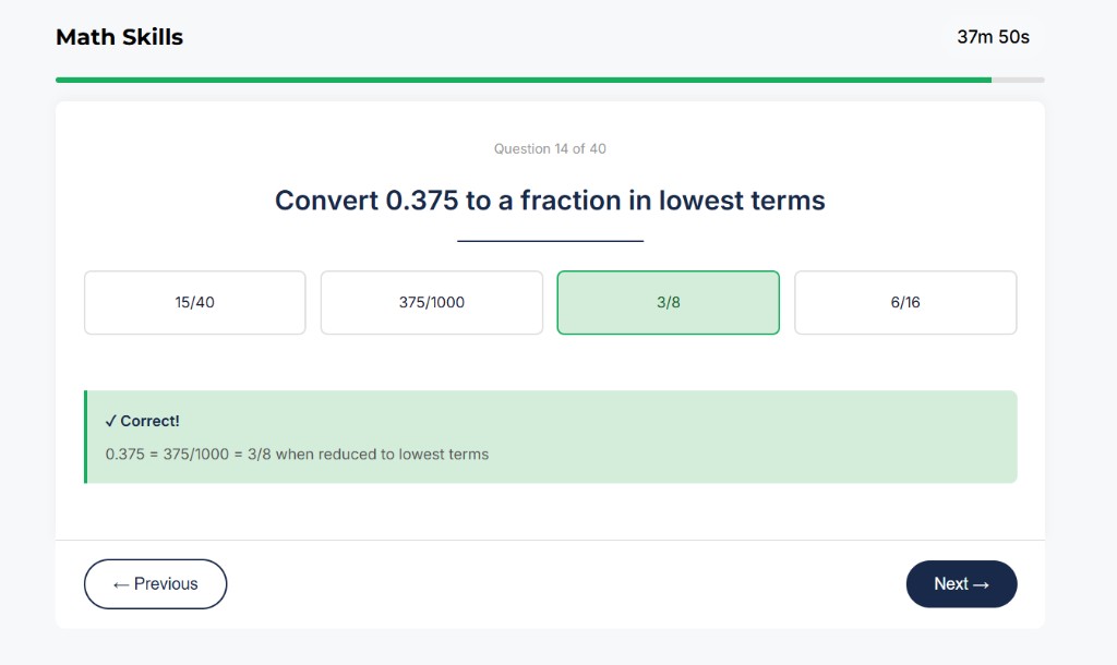 SIFT Math Skills sample question about converting decimals to fractions