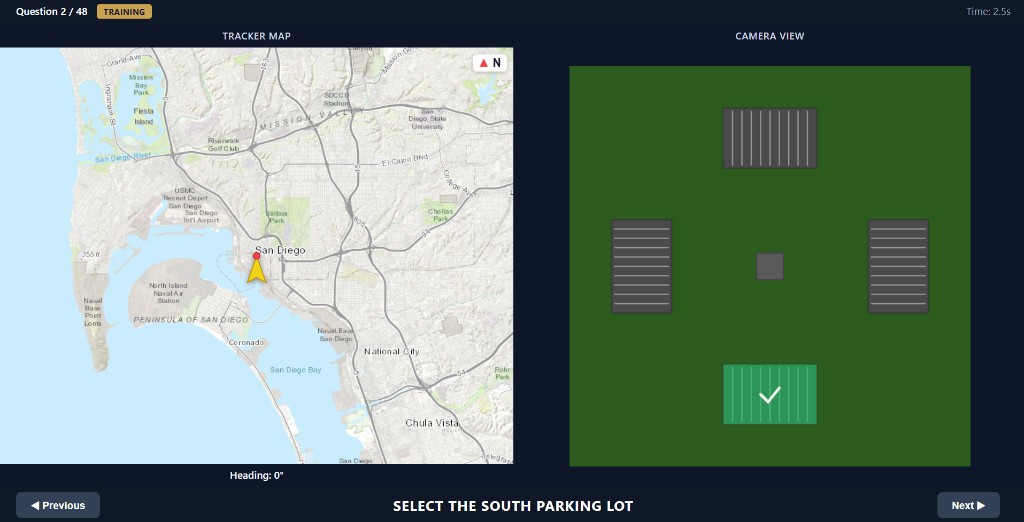 Directional Orientation practice screen with map on the left and parking lot camera view on the right